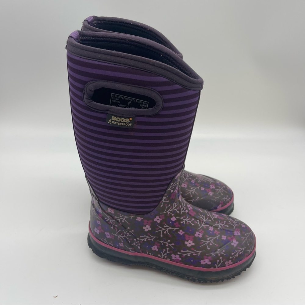 Bogs Classic Flowers and Stripes Winter Rain Boots Snow Purple Pink Youth 2